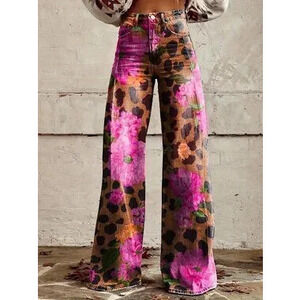 Black Casual Women's Leopard Print 3d Printed Wide Leg Jeans